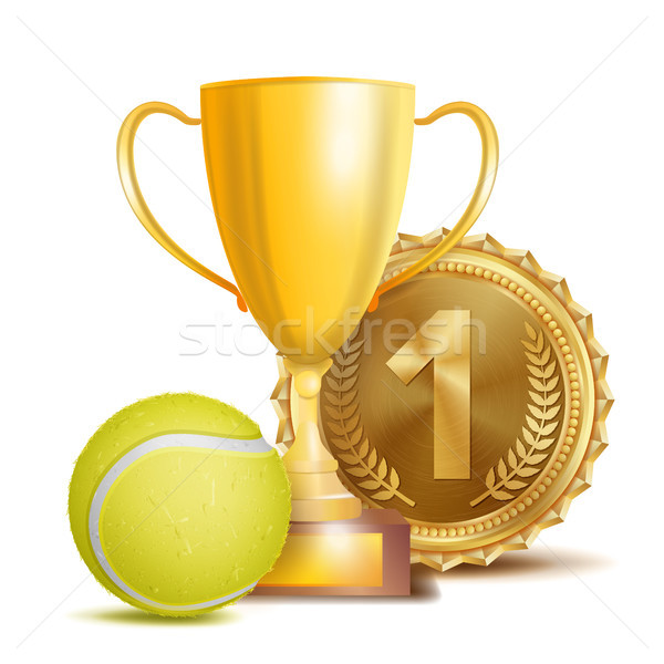 Stock photo: Tennis Award Vector. Sport Banner Background. Yellow Ball, Gold Winner Trophy Cup, Golden 1st Place 