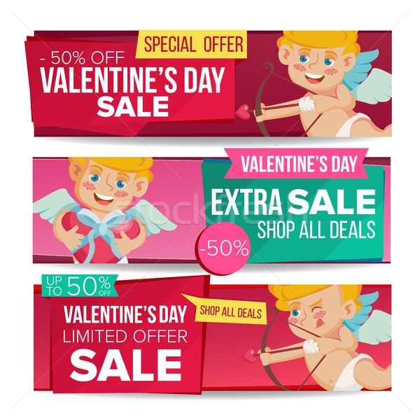 Valentine s Day Sale Banner Set Vector. February 14 Cupid. Valentine Online Shopping. Horizontal Dis Stock photo © pikepicture