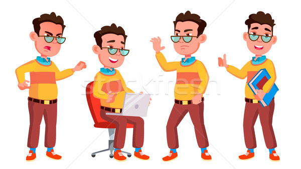 Boy Schoolboy Kid Poses Set Vector. High School Child. Secondary Education. Casual Clothes, Friend.  Stock photo © pikepicture