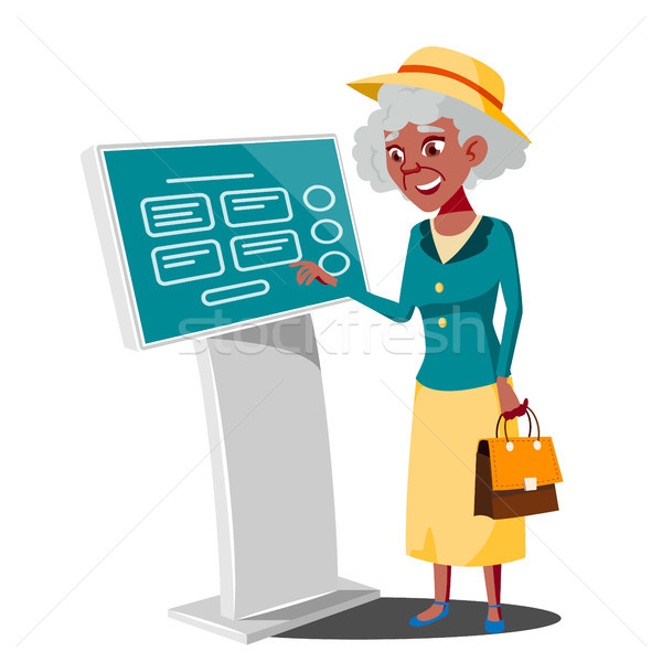 Stock photo: Old Woman Using ATM Machine, Digital Terminal Vector. Digital Kiosk LED Display. Self Service Inform