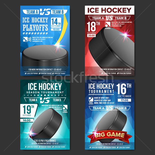 Ice Hockey Poster Set Vector. Design For Sport Bar Promotion. Ice Hockey Puck. Modern Tournament. Sp Stock photo © pikepicture