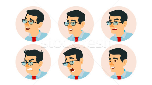 Asian Character Business People Avatar Vector. Asiatic Man Face, Emotions Set. Creative Avatar Place Stock photo © pikepicture