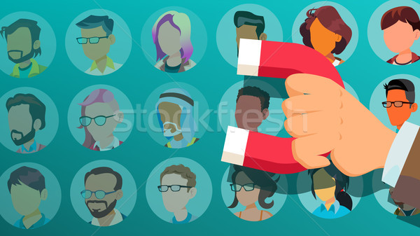 Customer Retention Vector. Businessman Hand With Giant Magnet. Relationship, Marketing Segmentation. Stock photo © pikepicture
