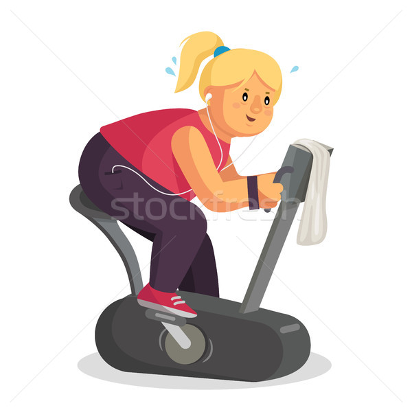 Fat Woman Training Vector. Lose Weight. Fat Woman Dieting, Fitness. Get Rid Of Fat Belly. Flat Carto Stock photo © pikepicture