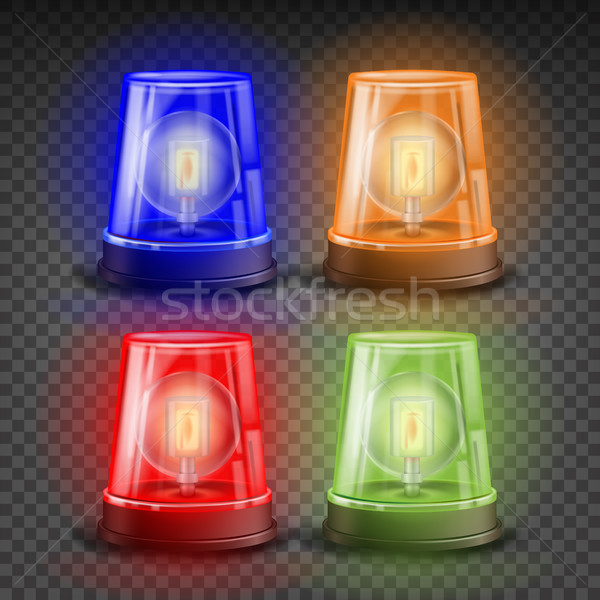 Realistic Flasher Siren Set Vector. Red, Orange, Green, Blue. 3D Realistic Object. Light Effect. Rot Stock photo © pikepicture