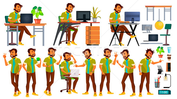 Office Worker Vector. Indian Emotions, Various Gestures. Business Human. Smiling Manager, Servant, W Stock photo © pikepicture