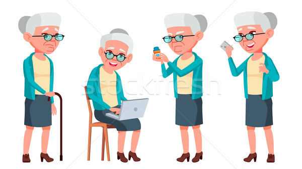 Old Woman Poses Set Vector. Elderly People. Senior Person. Aged. Caucasian Retiree. Smile. Web, Post Stock photo © pikepicture