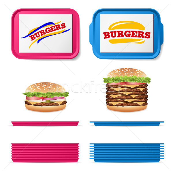 Tray Salver Set Vector. Empty Plastic Rectangular Tray Salvers With Fast Food Realistic Burger. Top  Stock photo © pikepicture