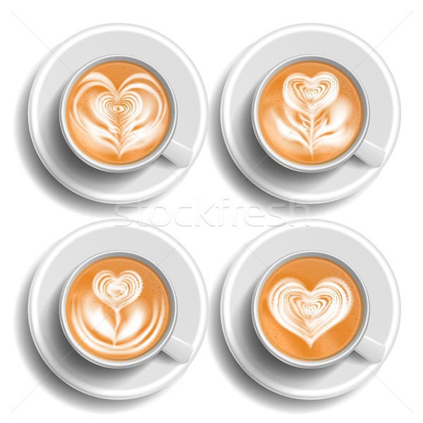 Coffee Art Cup Set Vector. Herat. Top View. Hot Cappuchino Coffee. Fast Food Cup Beverage. White Mug Stock photo © pikepicture