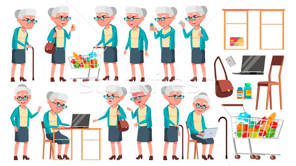 Old Woman Poses Set Vector. Elderly People. Senior Person. Aged. Cute Retiree. Activity. Advertiseme Stock photo © pikepicture