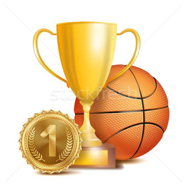 Basketball Achievement Award Vector. Sport Banner Background. Orange Ball, Winner Cup, Golden 1st Pl Stock photo © pikepicture