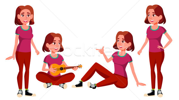Teen Girl Poses Set Vector. Face. Children. For Web, Brochure, Poster Design. Isolated Cartoon Illus Stock photo © pikepicture