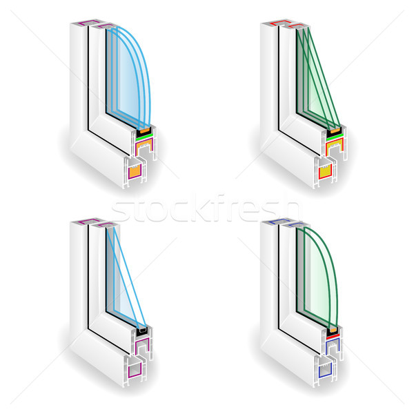 Plastic Window Frame Profile Set. Energy Efficient Window Cross Section. Two And Three Transparent G Stock photo © pikepicture