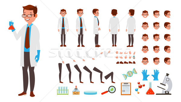 Scientist Man Vector. Animated Character Creation Set. Full Length, Front, Side, Back View, Accessor Stock photo © pikepicture