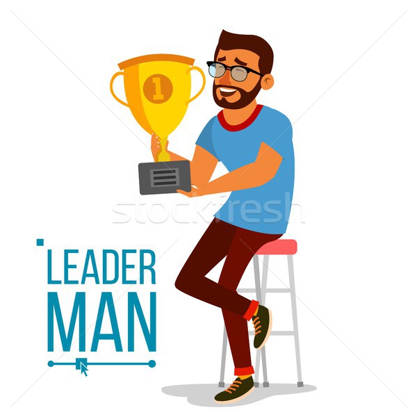 Attainment Concept Vector. Businessman Leader Holding Winner Golden Cup. Objective Attainment, Achie Stock photo © pikepicture