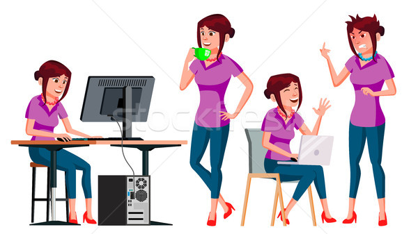 Office Worker Vector. Woman. Successful Officer, Clerk, Servant. Business Woman Worker. Face Emotion Stock photo © pikepicture