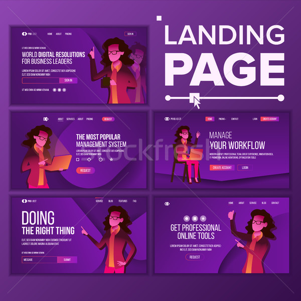 Landing Page Set Vector. Woman. Workflow Management. Business Coworking. Office Investment Webpage.  Stock photo © pikepicture