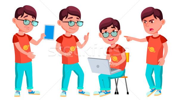 Foto stock: Menino · estudante · criança · conjunto · vetor · escola · primária