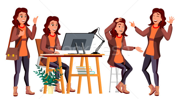 Office Worker Vector. Woman. Modern Employee, Laborer. Business Woman. Face Emotions, Various Gestur Stock photo © pikepicture