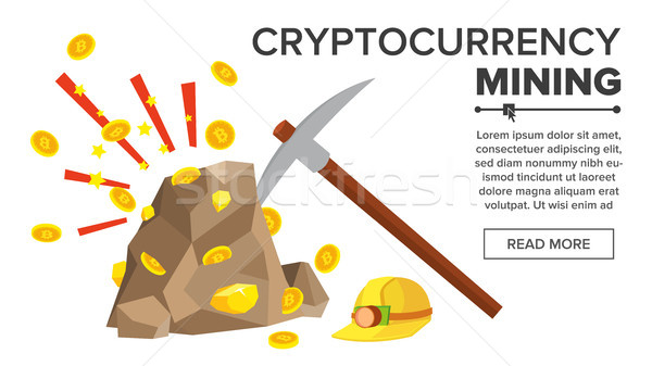 Rock With Gold Coins Vector. Bitcoin Cryptocurrency Concept. Mine, Pick, Helmet. Digging To Get Virt Stock photo © pikepicture