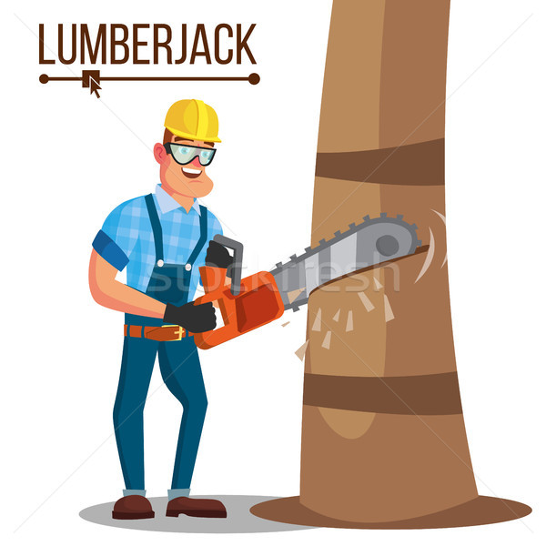 Lumberjack Vector. Classic Logger Man Working With Hand Chainsaw. Isolated Cartoon Flat Character Il Stock photo © pikepicture