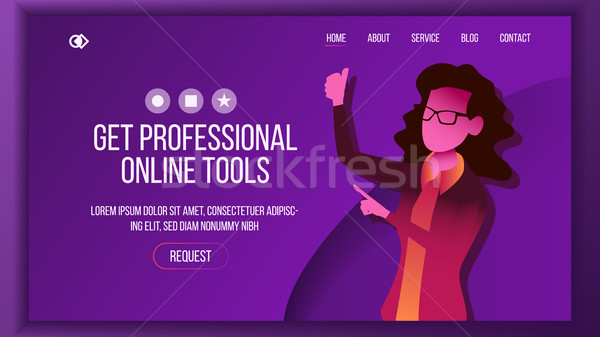 Stock photo: Design Tools Landing Page Vector. Woman. Main Website Page Design. Modern Style. Businesswoman. Deve