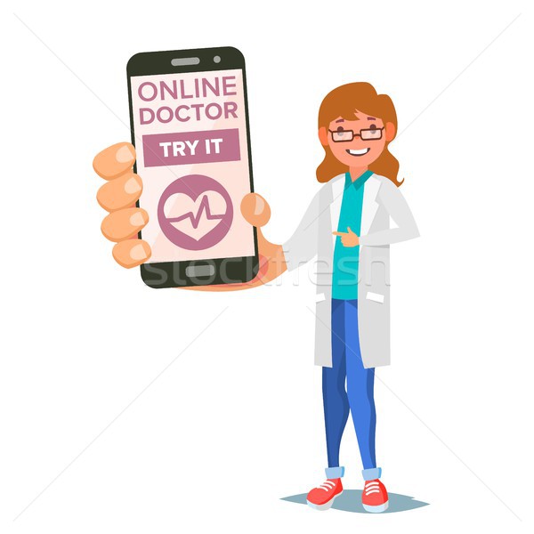 Stock photo: Online Doctor Mobile Service Vector. Woman Holding Smartphone With Online Consultation On Screen. Me