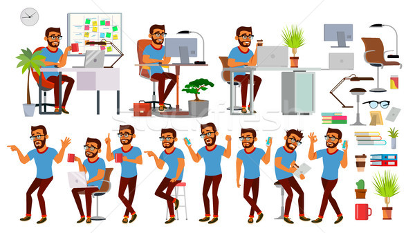 Business Man Character Vector. Working Hindu People Set. Office, Creative Studio. Bearded. Business  Stock photo © pikepicture