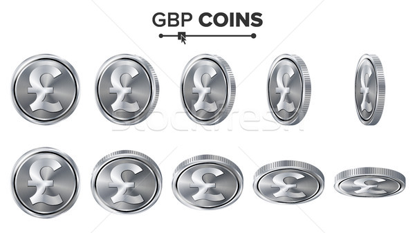 Money. GBP 3D Silver Coins Vector Set. Realistic Illustration. Flip Different Angles. Money Front Si Stock photo © pikepicture