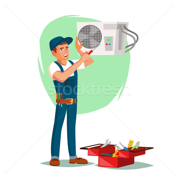Air Conditioner Repair Service Vector. Young Man Repairing Air Conditioner. Cartoon Character Illust Stock photo © pikepicture