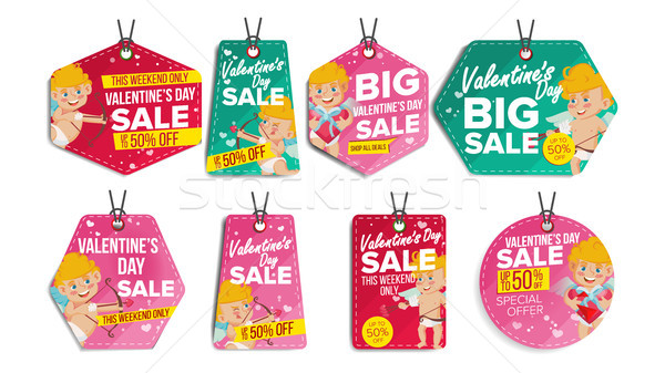 Valentine s Day Theme Sale Tags Vector. Flat Paper Hanging Love Stickers. Cupid. February 14 Discoun Stock photo © pikepicture