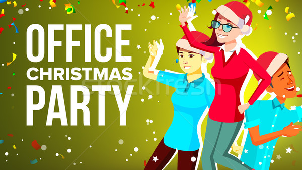 Christmas Corporate Party Vector. Merry People. Mixed Race. Friends In Office. Cartoon Illustration Stock photo © pikepicture