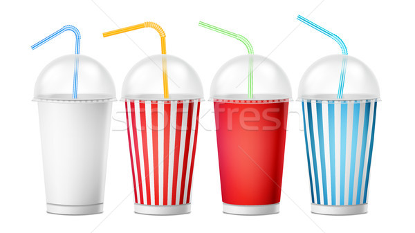 Stock photo: Soda Cup Template Vector. 3d Realistic Paper Disposable Cups Set For Beverages With Drinking Straw. 