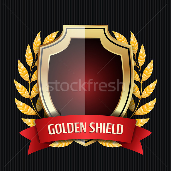 Golden Shield With Laurel Wreath And Red Ribbon. Vector Illustration Stock photo © pikepicture