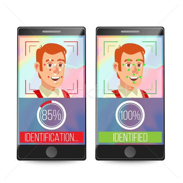 Smartphone Scan Person Face Vector. Electronic Identity Verification. Smartphone Biometric Scan Syst Stock photo © pikepicture