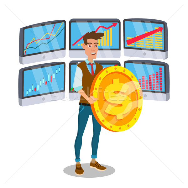 Businessman Standing With Big Dollar Sign Vector. Trading Monitors And Trend. Banking Money Investme Stock photo © pikepicture