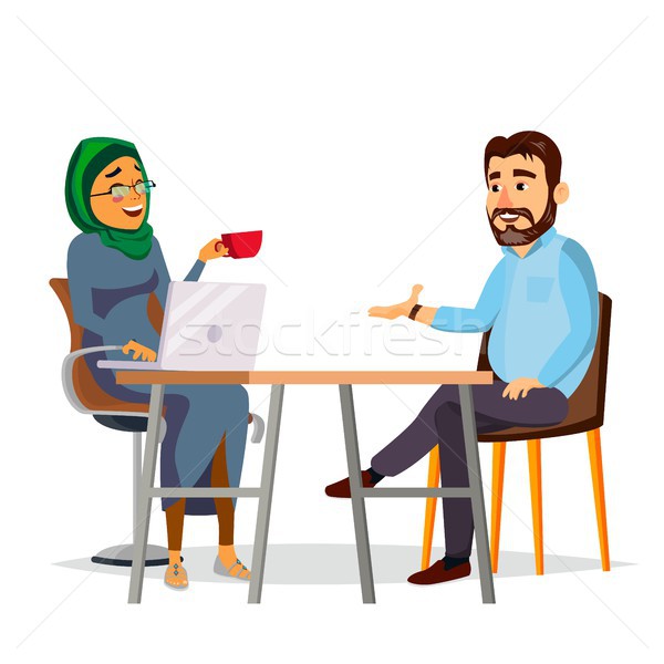 Business People Sitting At The Table Vector. Modern Office. Laughing Friends, Office Colleagues Bear Stock photo © pikepicture