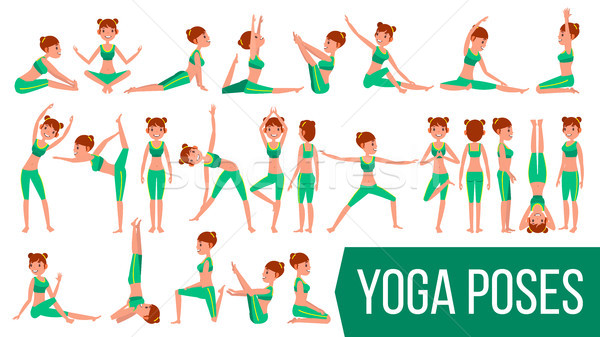 Stock photo: Yoga Woman Poses Set Vector. Relaxation And Meditation. Stretching And Twisting. Practicing. Body In
