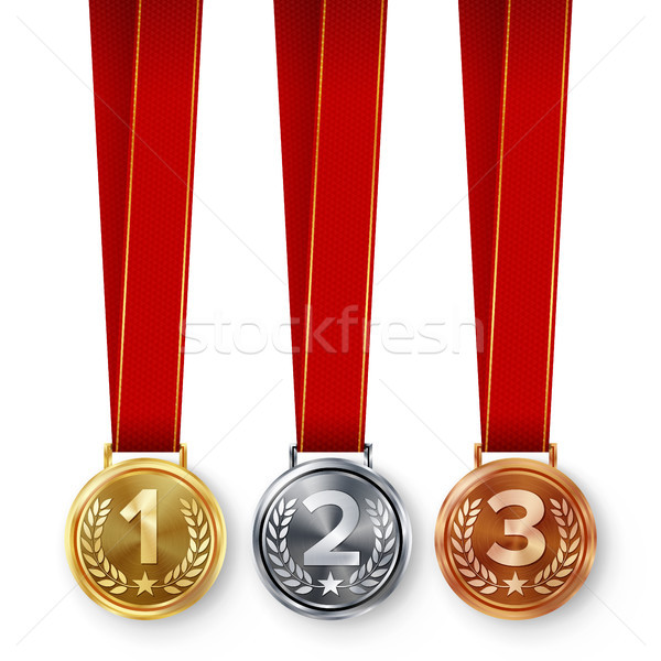 Stock photo: Champion Medals Set Vector. Metal Realistic First, Second Third Placement Achievement. Round Medals 