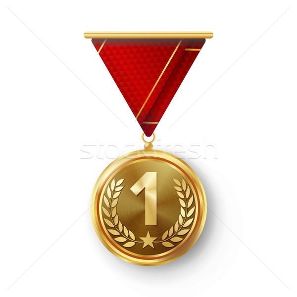 Gold Medal Vector. Metal Realistic First Placement Achievement. Round Medal With Red Ribbon, Relief  Stock photo © pikepicture