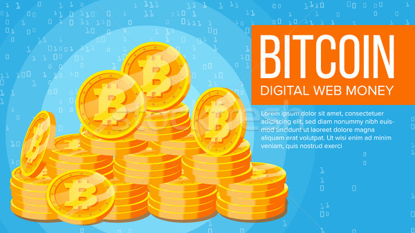 Bitcoin Banner Vector. Electronic Web Money. Gold Coins Stacks. Business Crypto Currency. Cyber Cash Stock photo © pikepicture