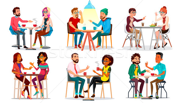 Friends In Cafe Vector. Man, Woman, Boyfriend, Girlfriend. Sitting Together And Drinking Coffee. Bis Stock photo © pikepicture