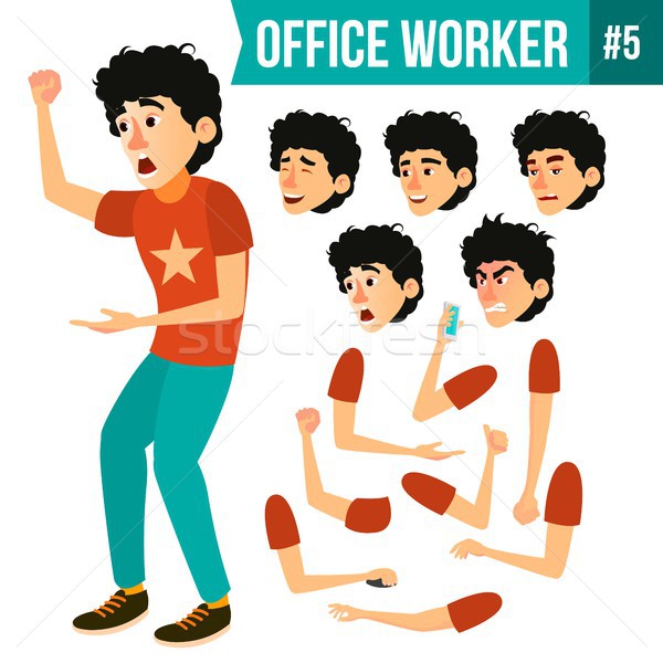 Office Worker Vector. Face Emotions, Various Gestures. Animation Creation Set. Adult Business Male.  Stock photo © pikepicture