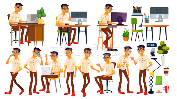 Office Worker Vector. Thai, Vietnamese. Face Emotions, Gestures. Animated Elements. Poses. In Action Stock photo © pikepicture