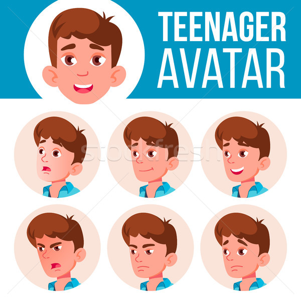 Stock photo: Teen Boy Avatar Set Vector. Face Emotions. User, Character. Fun, Cheerful. Cartoon Head Illustration
