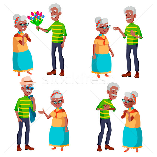 Elderly Couple Set Vector. Grandfather And Grandmother. Elderly Family. Grey-haired Characters. Blac Stock photo © pikepicture