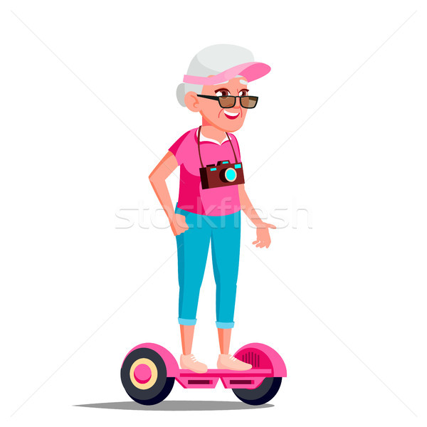 Old Woman On Hoverboard Vector. Riding On Gyro Scooter. Outdoor Activity. Two-Wheel Electric Self-Ba Stock photo © pikepicture