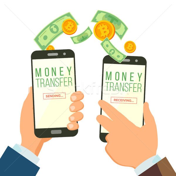Mobile Money Transferring Banking Concept Vector. Hand Holding Smartphone. Dollar And Bitcoin. Wirel Stock photo © pikepicture