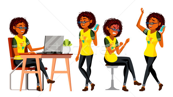 Business African Black Woman Character Vector. Female In Different Poses. Clerk In Office Clothes. D Stock photo © pikepicture