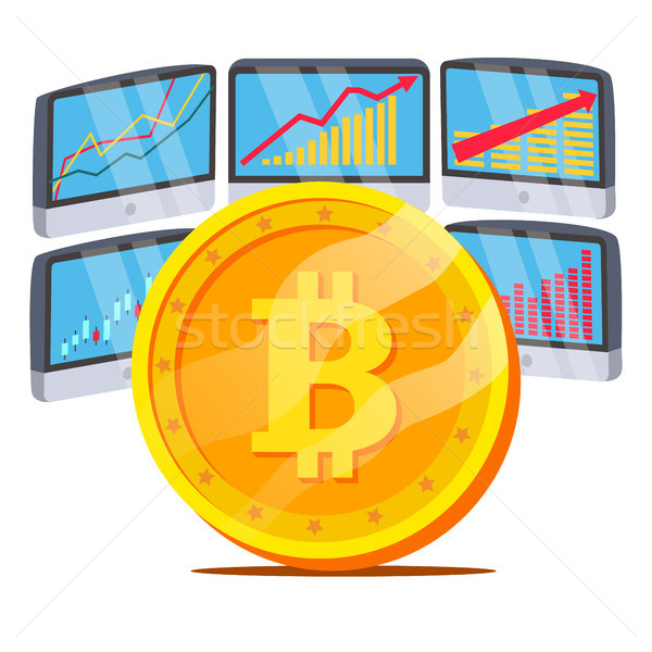 Bitcoin With Graph Diagram Vector. Trading Monitors And Trend. Digital Money. Cryptocurrency Investm Stock photo © pikepicture